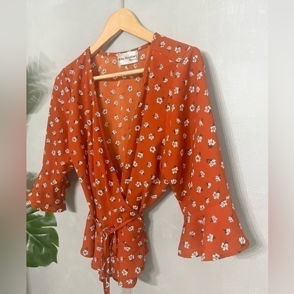 3/$30 _ LITTLE MOUNTAIN | Brick Floral Wrap Peplum Blouse half sleeve boho - L - Picture 5 of 9